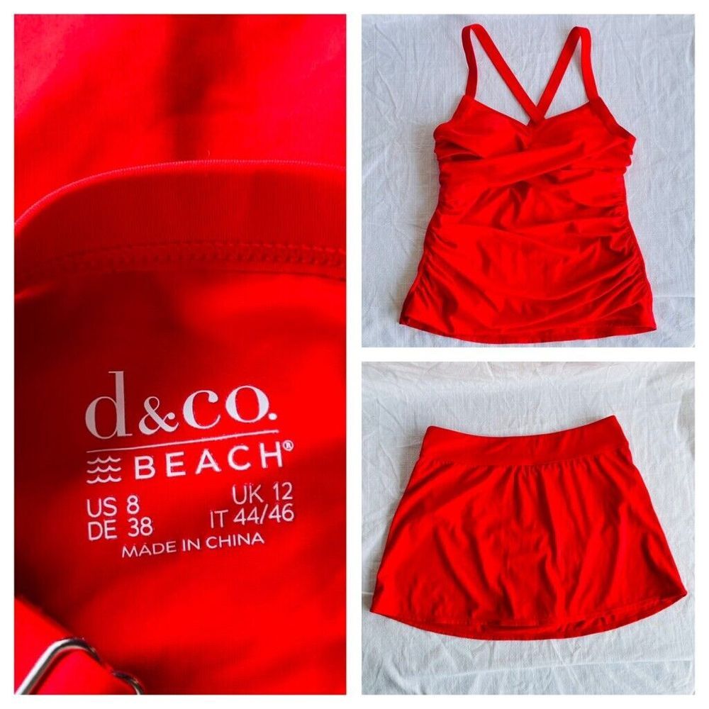 Denim& Co Beach Twist V-Neck Tankini Set Ruching Tomato Red Women's 8 EXCELLENT‎